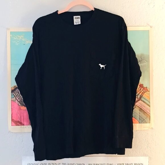 PINK Victoria's Secret Gold Sequin Dog Black Medium Black Long Sleeve Tee - Picture 2 of 5